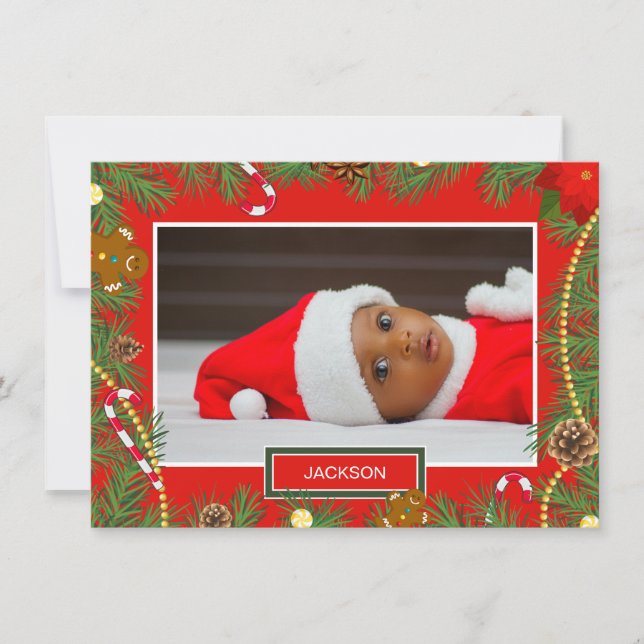 Your Cute Baby Photo Red Frame Christmas Card (Front)