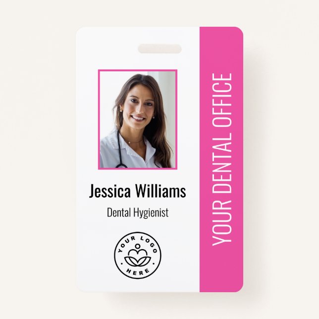 Your Dentist Office Logo Photo ID Pink Badge (Front)