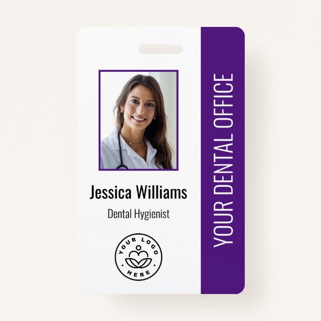 Your Dentist Office Logo Photo ID Purple Badge (Front)