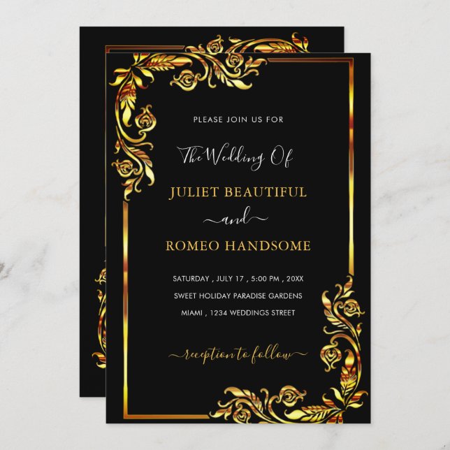 Your Design Black Gold Wedding Invitation Template (Front/Back)