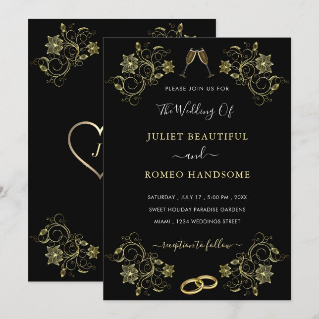 Your Design Black Gold Wedding Invitation Template (Front/Back)