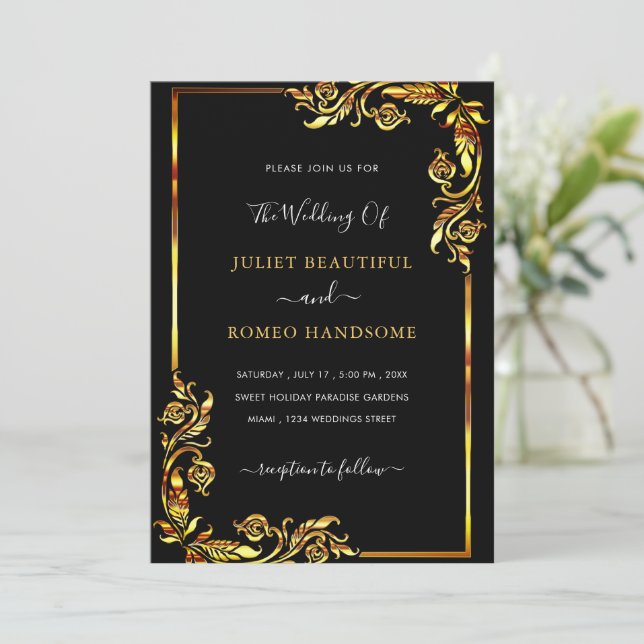 Your Design Black Gold Wedding Invitation Template (Standing Front)