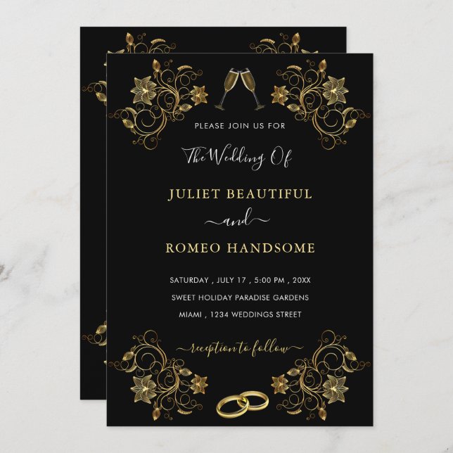 Your Design Black Gold Wedding Invitation Template (Front/Back)