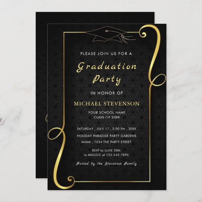 Your Design Gold Black Grad Invitations Template (Front/Back)