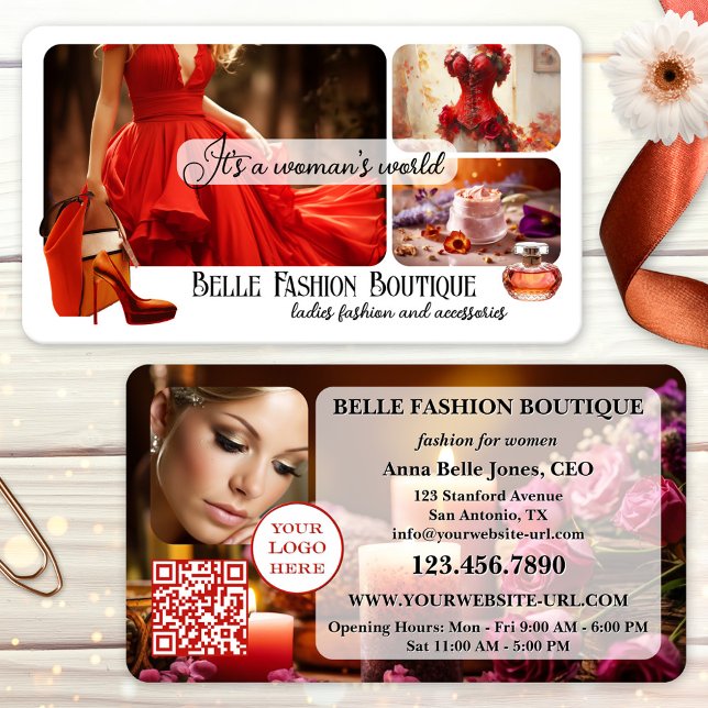 Your Design Women's Fashion Retail Business Card (Women's fashion beauty or boutique business card featuring a collage of your own custom photos)