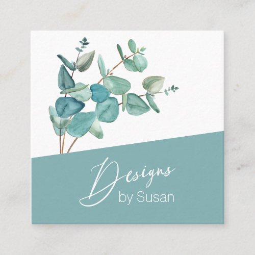 Your Designs Company Name Eucalyptus Teal QR Code Square Business Card