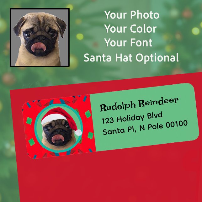 Your Dog Photo-Add Our Santa Hat-Holiday Green Red Label (Creator Uploaded)