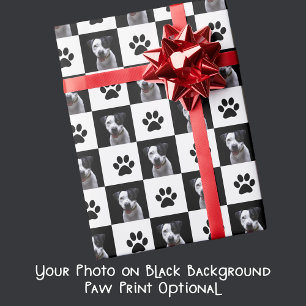 Your Dog Photo and Paw Print Checkered Stylish Wrapping Paper