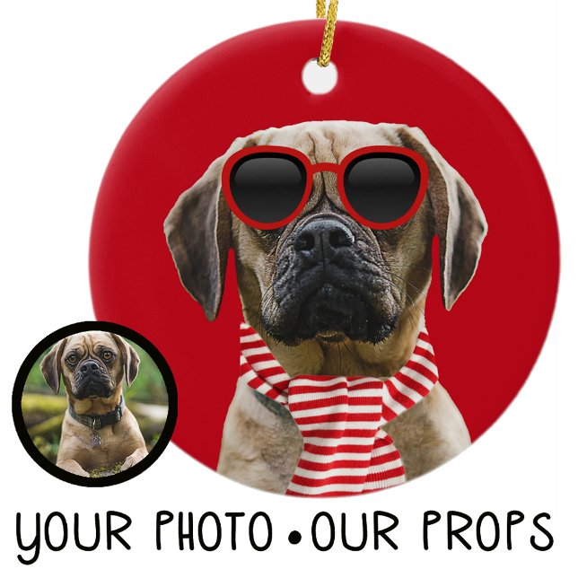 Your Dog Photo w/Fun digital Christmas Accessories Ceramic Ornament (Creator Uploaded)