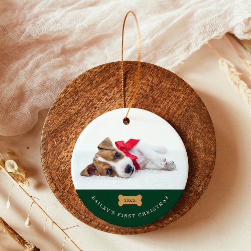 Your Dogs First Christmas  Green with Two Photos Ceramic Ornament