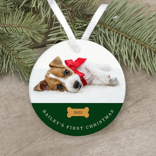 Your Dogs First Christmas  Green with Two Photos Ornament