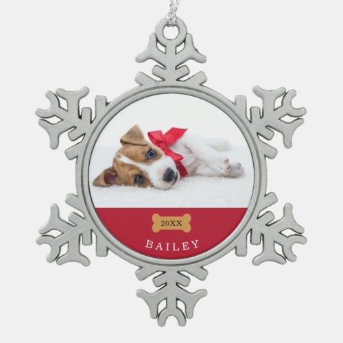 Your Dogs First Christmas  Red with Photo Snowflake Pewter Christmas Ornament