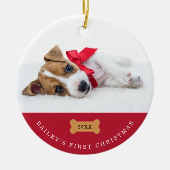 Your Dog's First Christmas | Red with Two Photos Ceramic Ornament
