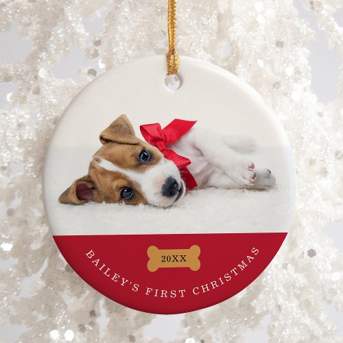 Your Dogs First Christmas  Red with Two Photos Ceramic Ornament