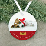 Your Dog's First Christmas | Red with Two Photos Ornament<br><div class="desc">This adorable holiday ornament says the name of your dog,  and that it's their first Christmas! You can add the year in the center of the cute dog bone,  and add your puppy's photo to the front and another on the back.</div>