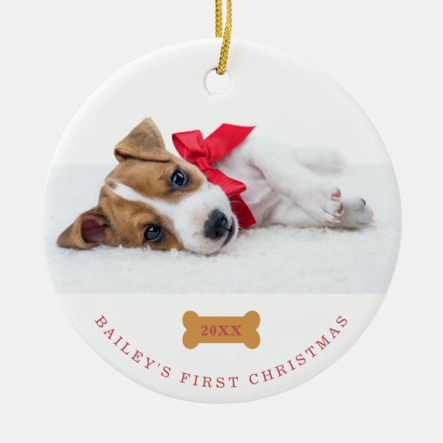 Your Dog's First Christmas | White with Two Photos Ceramic Ornament (Front)