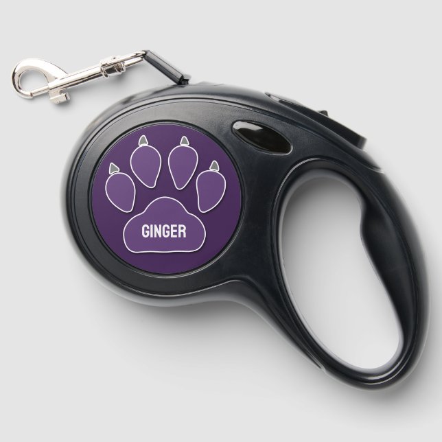 Your Dog's Name in a Purple Paw Print Retractable Pet Leash (Front)