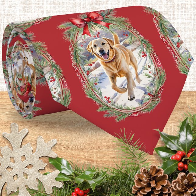 Your Dog's Photo Custom Men's Christmas Neck Tie (A Christmas tie to customize with a favorite photo of your pet dog in a pattern of festive 'frames')