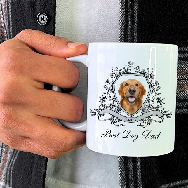Your Dog's Photo in a Floral Crest | Best Dog Dad Coffee Mug (Creator Uploaded)
