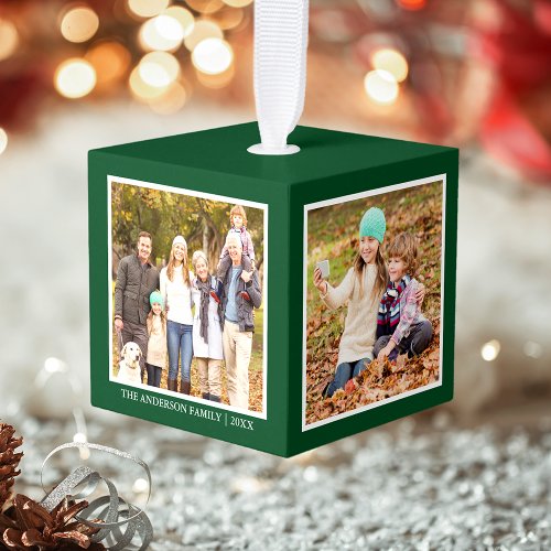 Your Family 4 Photo Collage Green Cube Ornament