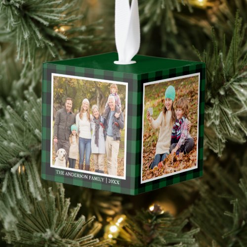 Your Family 4 Photo Collage Green Plaid Cube Ornament