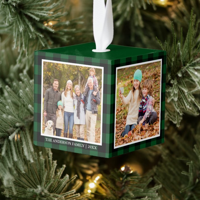 Your Family 4 Photo Collage Green Plaid Cube Ornament Zazzle Com