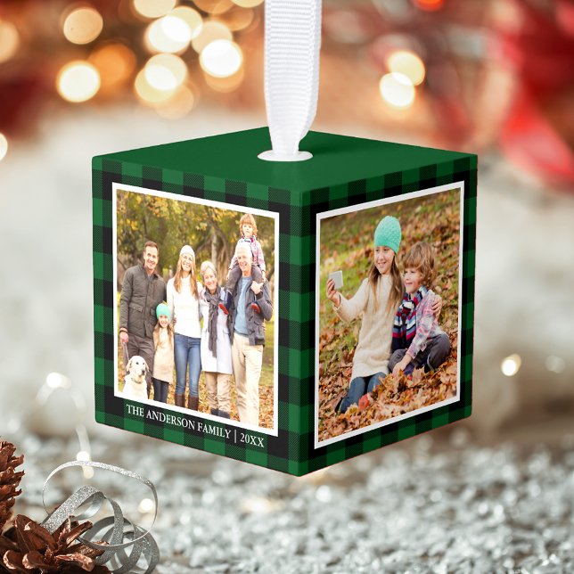 Your Family 4 Photo Collage Green Plaid Cube Ornament (Customize with your photos, names and year.)
