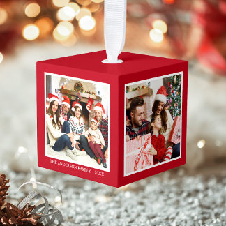 Your Family 4 Photo Collage Red Cube Ornament