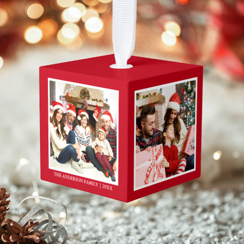 What Christmas looks like in 2026 - Pink Dramatic personalized gifts for you Your Family 4 Photo Collage Red Cube Ornament – populair kerstcadeau en kerstdecoratie 2026