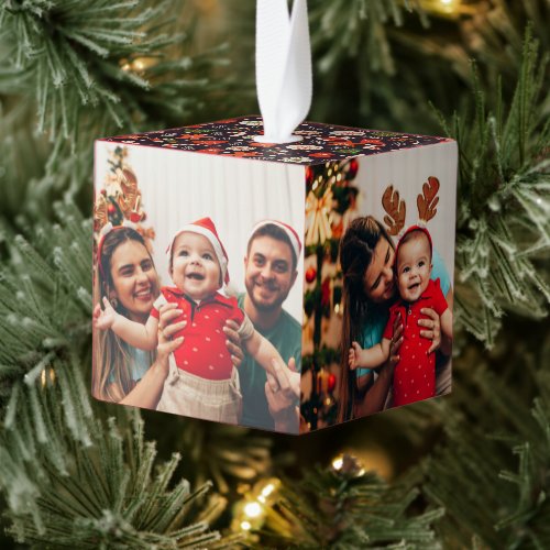 Your Family 4 Photo Collage Red Plaid Cube Cube Ornament