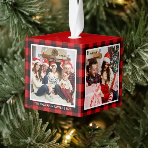 Your Family 4 Photo Collage Red Plaid Cube Ornament