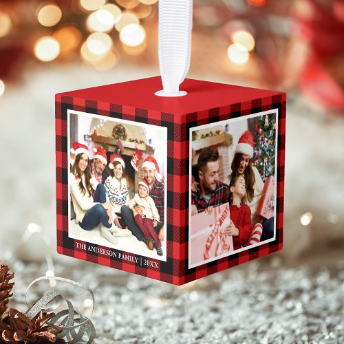 Your Family 4 Photo Collage Red Plaid Cube Ornament