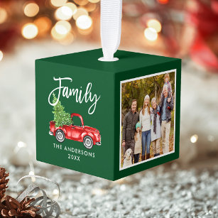 Your Family 4 Photo Vintage Red Truck Green Cube Ornament