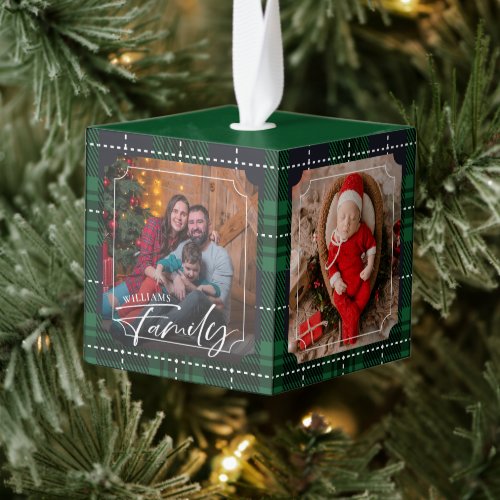 Your Family 5 Photo Collage Green Plaid Cube Ornament