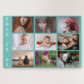 Your Family And Pets Collage On Teal Blue Jigsaw Puzzle by petcherishedangels at Zazzle