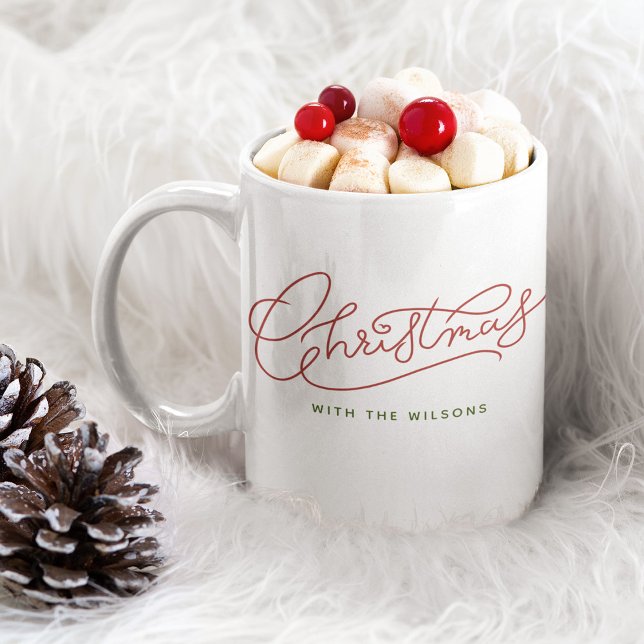 Your Family Christmas Modern Script Family Name Coffee Mug (Sip in style! Embrace the holidays with our cute personalized family name mug!)