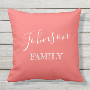 Your Family Light Coral Pink & White Personalized Outdoor Pillow