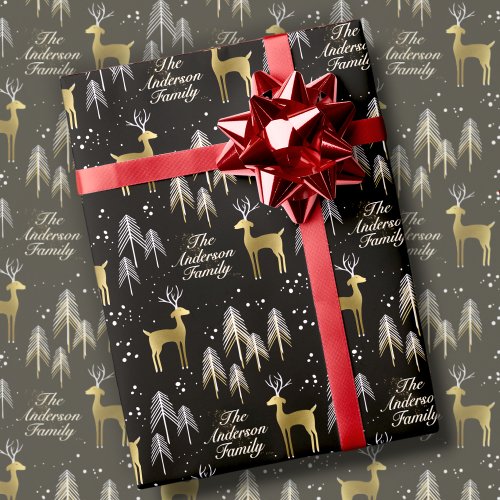 Your Family Name Black  Gold Reindeer Christmas Wrapping Paper