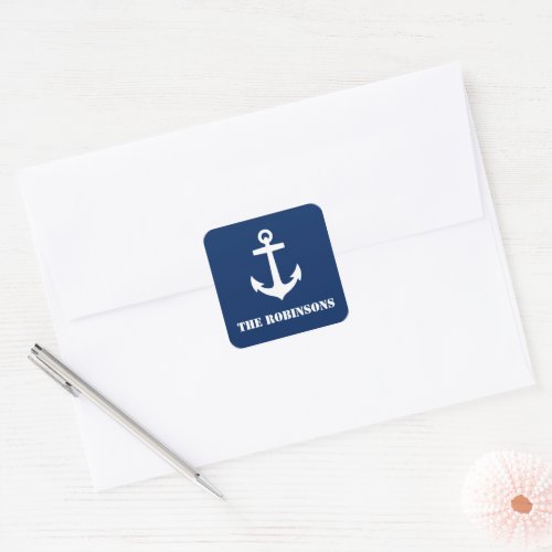 Your Family Name Classic Nautical Anchor Navy Blue Square Sticker