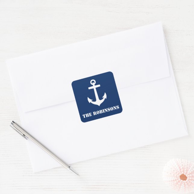 Your Family Name Classic Nautical Anchor Navy Blue Square Sticker (Envelope)