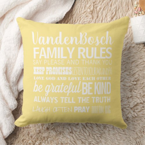 Your Family Name Family Rules  Established Date Throw Pillow