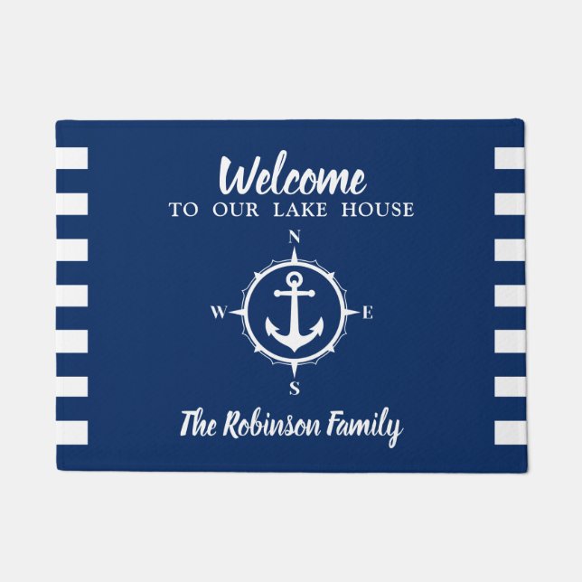 Your Family Name Lake House Compass Anchor Doormat (Front)