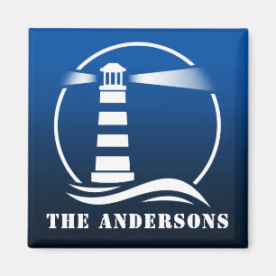 Your Family Name or Text Classic Lighthouse Blue Magnet