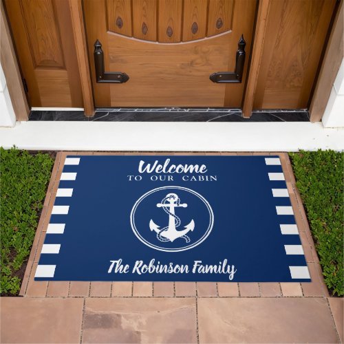 Your Family Name With Anchor  Rope Cabin Doormat
