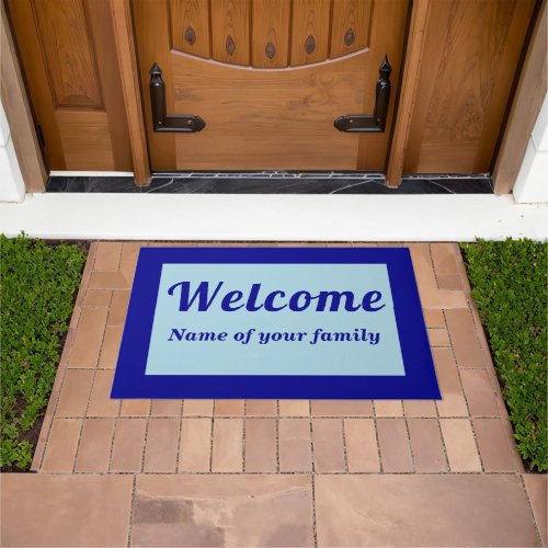Your Family Name With Welcome on Blue Doormat