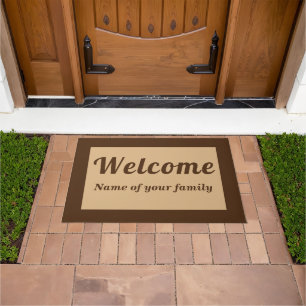 Your Family Name With Welcome on Brown Doormat