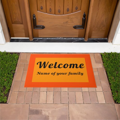 Your Family Name With Welcome on Orange Color Doormat