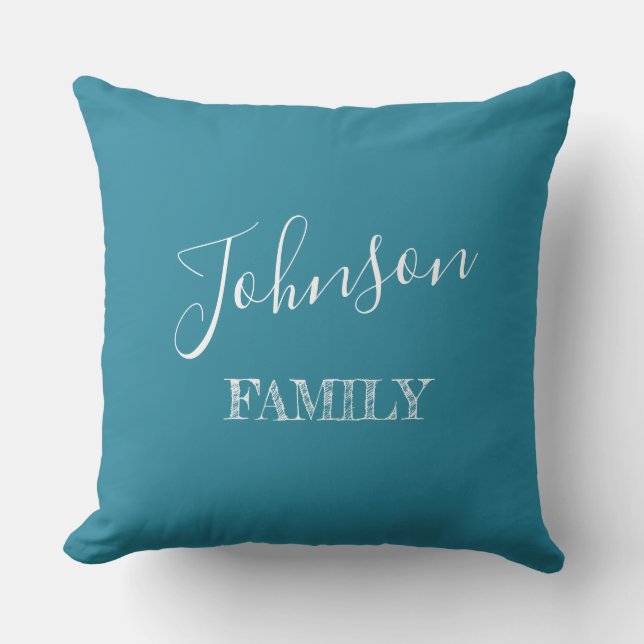 Your Family Teal Blue & White Personalized Outdoor Pillow (Front)