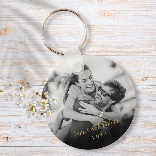 Your Favorite Couple Black and White Photo Gold Keychain