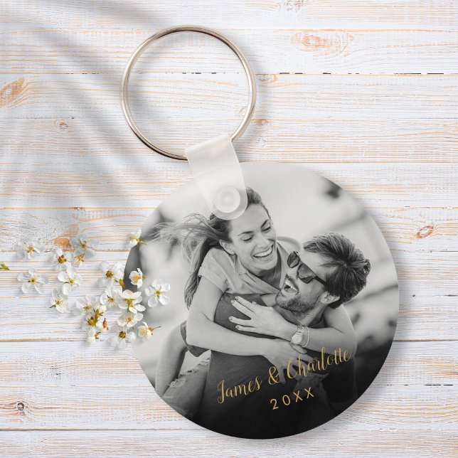 Your Favorite Couple Black and White Photo Gold Keychain (Creator Uploaded)